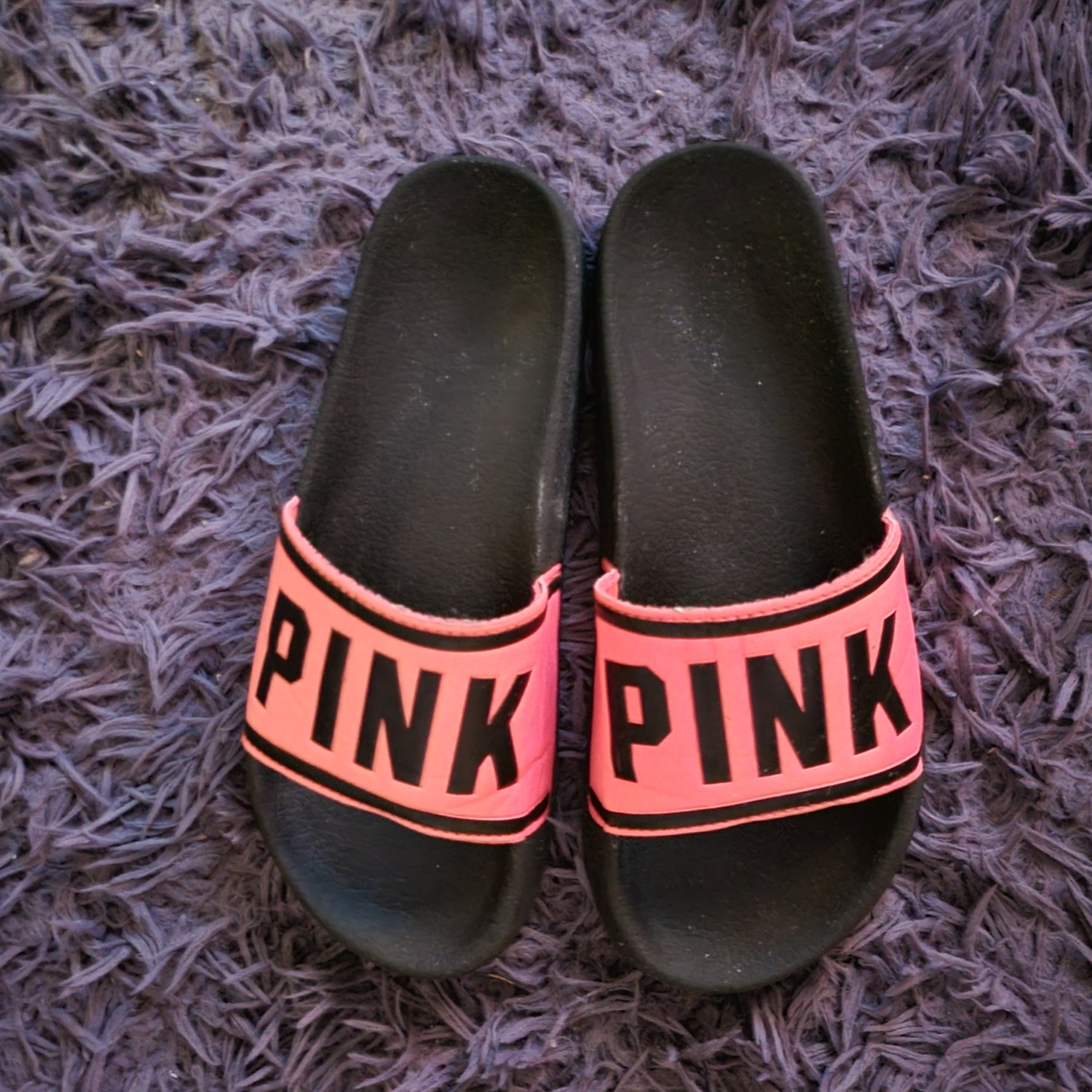 PINK Victoria's Secret Black and Neon Pink Slide Sandals